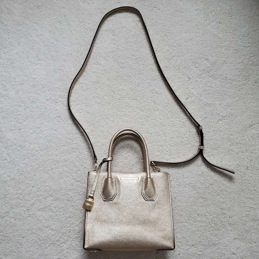 Michael Kors Metallic Gold Leather Mercer Crossbody Tote Bag